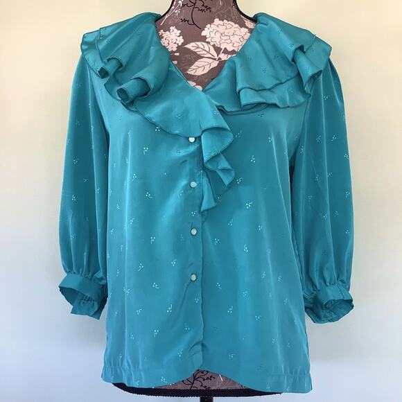Vintage Liz Claiborne Button Up V Neck Ruffle Blouse Embossed Turquoise - Picture 1 of 12